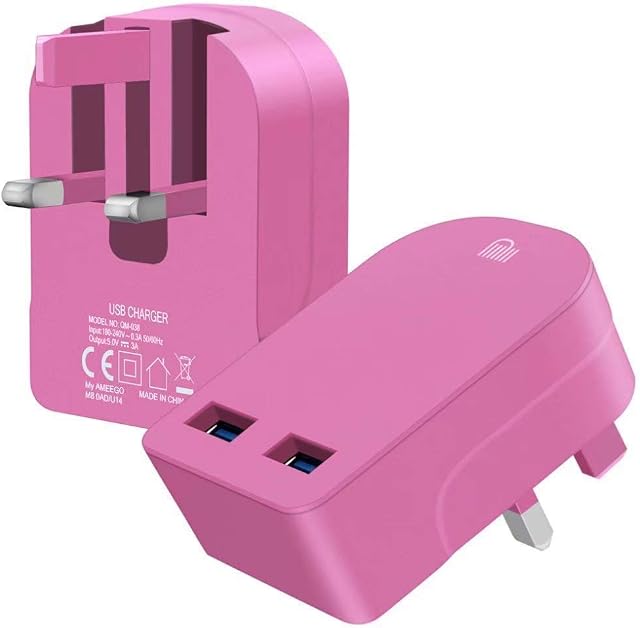 Foldable 3 Pin UK Plug 3100mAh 2 USB Ports Multi Devices Charger Plug Travel Charger Compatible For i.Phone Samsung Galaxy Tab HTC Windows Phone Tablet Nokia Motorola Sony Kindle One Plus etc (Pink)