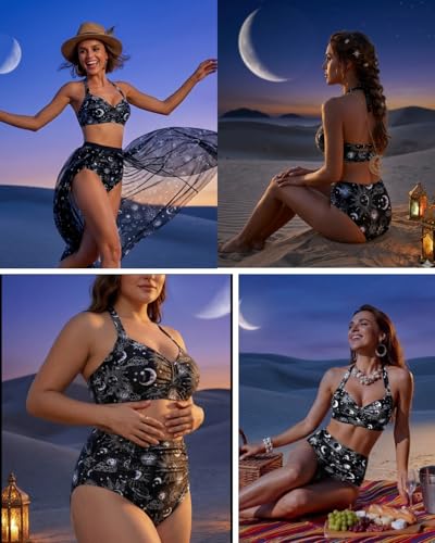 Image of Holipick Women High Waisted Bikini Set Two Piece Swimsuit Tummy Control Bathing Suit Vintage Halter Swimwear