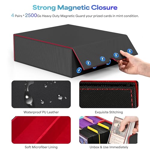 Image of UAONO Trading Card Storage Box, Holds 2400 Sleeved Cards with 24 Dividers & 4 Stoppers, Magnetic Closure PU Leather Card Case for MTG, PTCG, YGO, Sports Cards (Black&Red)