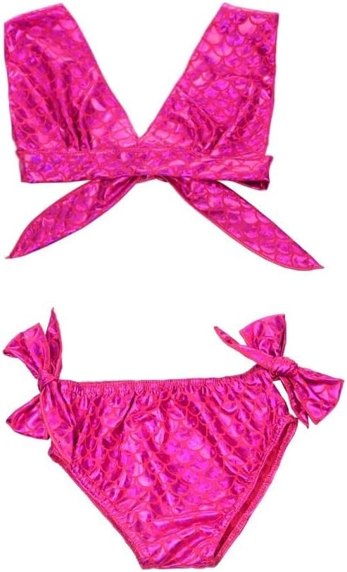 Dressy Daisy Girls Fish Scale Bikini Swimsuit 2 Piece Set, Sequin Shiny Fish Scale Bathing Suit with Bows, Toddler Kids