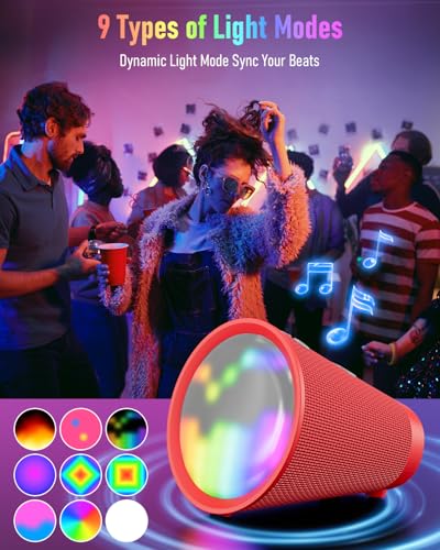 Image of Portable Bluetooth Speaker Wireless with 9 Color Lights, 20H Playtime, Stereo Pairing, Deep Bass, IPX6 Waterproof, Bluetooth 5.3, Small Speaker for Home, Party, Outdoor, Camping, Beach, Gift