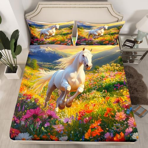 Loussiesd Juego de ropa de cama para niños, tamaño King, sábana bajera ajustable con diseño de caballo galopante, juego de sábanas para niños y niñas, diseño floral, decoración de dormitorio, juego de