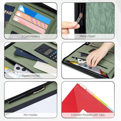 Image of Ospelelf Green Leather Portfolio Binder 3 Ring, Zippered Clipboard Folder with Storage - 5 Dividers with Pocket, Padfolio for Women,12.1 inch Tablet Sleeve, Refillable Notepad, Card Slot