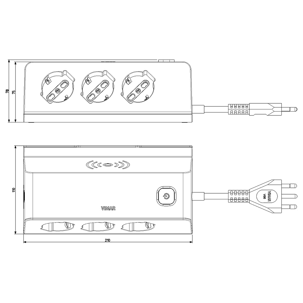 Vimar 00609.CC.B - Enchufe múltiple de Escritorio con Interruptor y Cable de 2 m, 3 Salidas universales Italianas, 2 Salidas USB A y 1 Salida USB C, Carga inductiva 10 W, Enchufe 16 A, Blanco