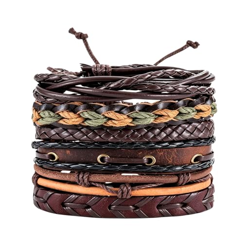 Elmsley 6 Pcs Handmade Vintage Braided Layering Leather Bracelet Set, Mens Bracelets, Leather Bracelets for Women, Casual Vintage Look, Unisex Fashion Daily Wear Accessories for Men Women