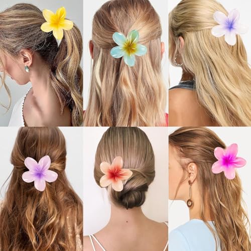 Image of Raenso 4 Pcs Flower Hair Claw Multicolor, Hawaiian Flower Hair Clips for Women, Floral Claw Clips for Women, Beach Tropical Hair Accessories for Girls