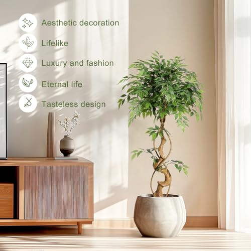 GarveeHome Ficus Artificial Tree with Curved Trunk,4 Feet Faux Plant Fake Silk Trees with White Pot, Fake Ficus Tree for Home Decor, Artificial Plants Indoor for Indoor Office Living Room