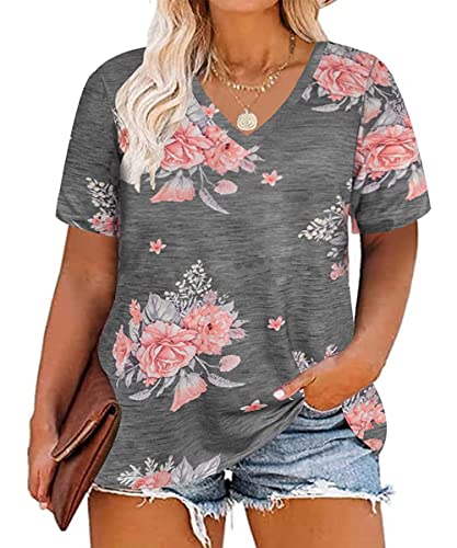 Image of RITERA Women Plus Size Tops Tie Dye V Neck Shirt Floral Camo Summer Short Sleeve Tunic Oversized Ladies Blouse XL-5XL