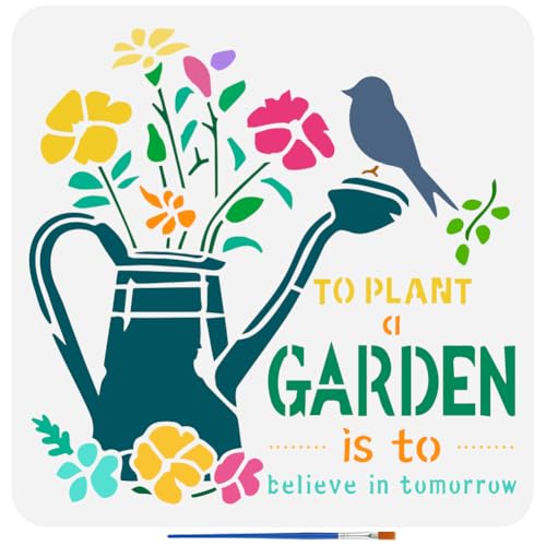 FINGERINSPIRE Garden Painting Template with Brush 11.8x11.8inch Watering Pot Words Painting Template Flowers Birds Painting Stencils Reusable DIY Art Craft Stencil for Painting on Wood Floor Wall