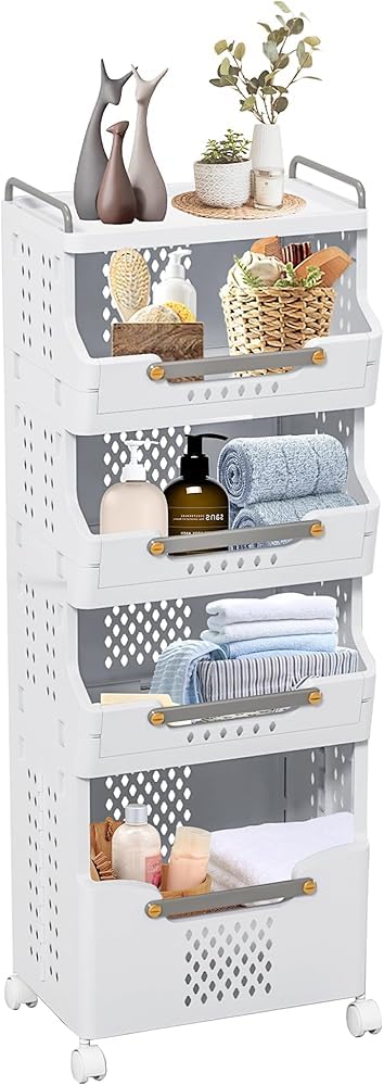 Carrito de almacenamiento rodante de plástico para baño y cocina con organizador de 4 niveles