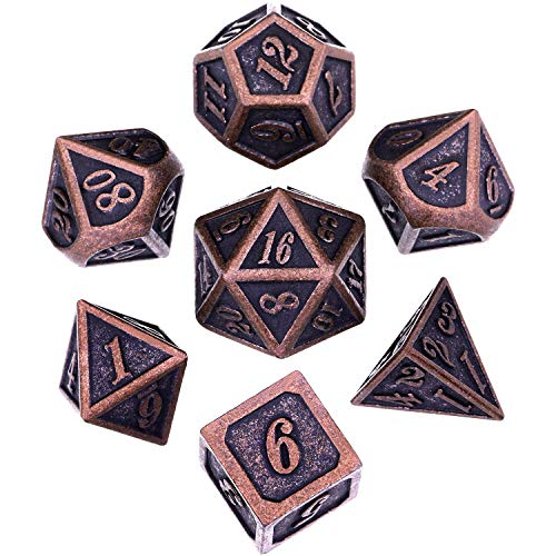 Bememo Polyhedral Metal Dices Set Zinc Alloy with Enamel Solid Metal Compatible with DND Game, Tabletop RPG, Dungeons and Dragons, Math Teaching, 7 Pieces Dice Set with Black Velvet Bag (Red Copper)