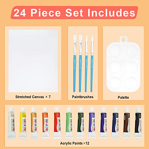AUREUO Acrylic Painting Set Include 7 Pack 11x14 Inch Stretched Canvas, 12x12ml Acrylic Paints, 4 Paint Brushes & 1 Palette Canvas Painting Kit 24-Piece Multipack