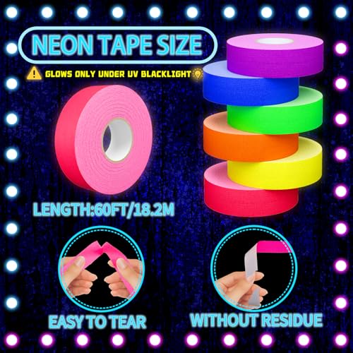 Image of SWRT Neon Gaffer Cloth UV Blacklight Tape for Halloween Decorations, 6 Rolls Multi-Color UV Fluorescent Glow in The Dark Tape for Party Decoration, Dance Floors, UV Party (1 inch x 60 feet)