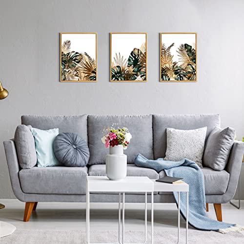 Loomarte Framed Plant Wall Art Simple Tropical Green Leaves Wall Decor Boho Palm Botanical Prints Minimalist Pictures Home Decorations For Living Room Bedroom Bathroom 12X16 Inches Golden Frame,3 Pc #TOP2