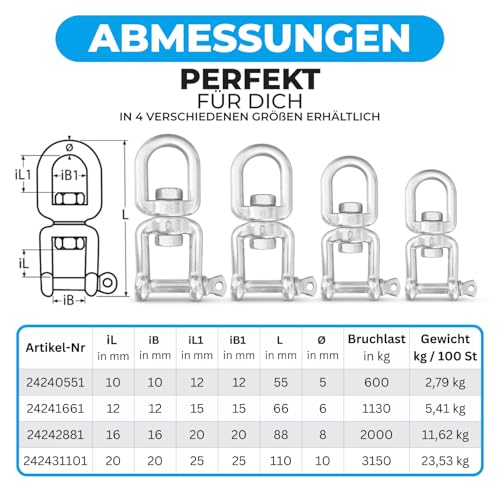 PinPro A4 Edelstahl Drehwirbel Auge-Gabel Form in mehreren Größen bis 3150kg Bruchlast | Rostfreier AISI 316 Wirbelschäkel | 360° drehbare Ösen für Boxsack oder Hängesessel (1x 6x66mm 1130kg)
