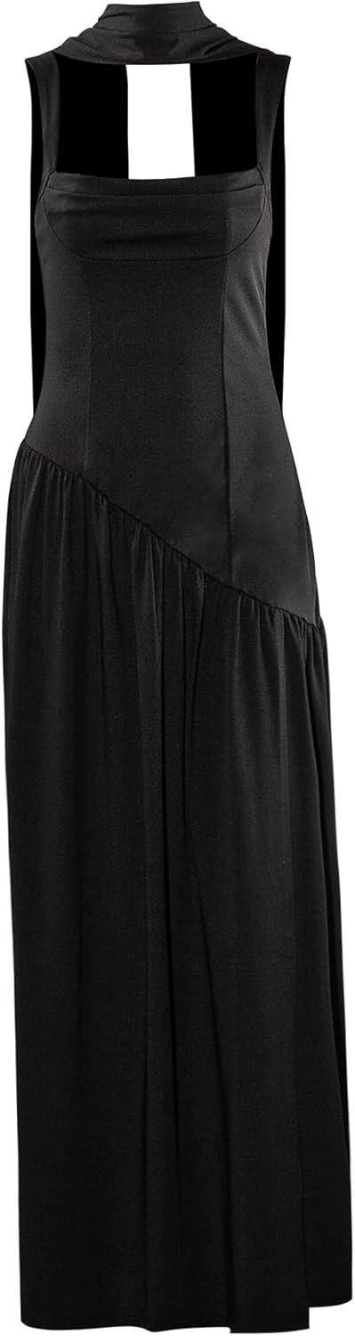 Women Sexy Spaghetti Strap High Slit Maxi Dress with Scarf Square Neck Pleated Long Party Dress - Image 3