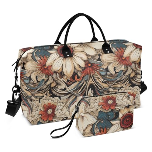 Weekender Bags Travel Duffel Gym Bag 3045 Retro Flowers Carry on Overnight Tote Bag with Toiletry Bag for Airplane Travel Trip Gym Yoga