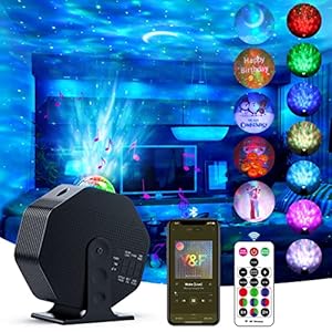 Projecteur ciel étoilé, projecteur Galaxy – Veilleuse avec télécommande, rotation de 270 °, 5 motifs spéciaux, 7 couleurs et lecteur de musique Bluetooth