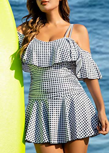 Image of COCOPEAR Women's One Piece Flounce Swimsuit Off Shoulder Bathing Suit Tummy Control Swimdress(FBA)