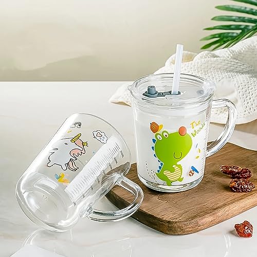 Image of Kamvy Random Design Glass Measuring Drinking Mug with Handle and Clear Lid with Silicone Straw for Girls & Boys Multiple Usage 400 ml (Pack of 1) (Cartoon)