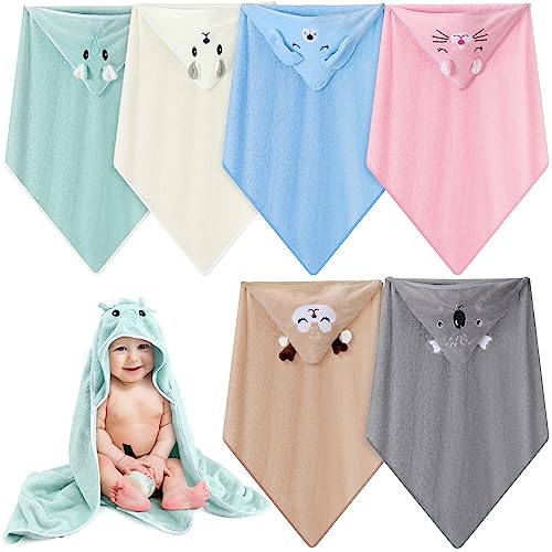 Image of Tudomro Pack of 6 Baby Hooded Towel Bulk Absorbent Soft Kids Bathrobe Blanket Cute Animal Baby Bath Wrap Towels Coral Velvet Toddler Towels for Newborn Boy Girl Toddler Essentials