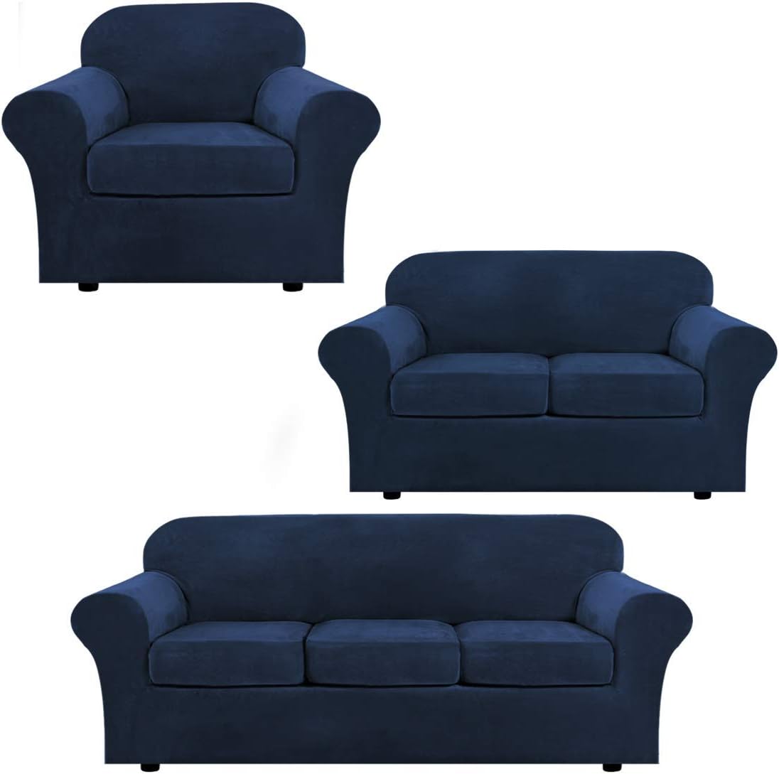 H.VERSAILTEX Velvet Stretch Sofa Covers for 3 Cushion Couch (72"-96", Navy) Bundle Loveseat Sofa Covers for 2 Cushion Couch (58"-72", Navy) Bundle 1 Seater Armchair Covers (32"-48", Navy