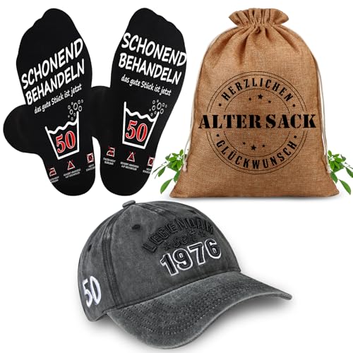 TUZELIYA Geschenk für 50 Geburtstag Mann - 50 Geburtstag Männer 3 in 1 Geschenkset Alter Sack Geschenkbeutel mit Baseball Cap und Socken - 50 Jahre Geschenk 1976