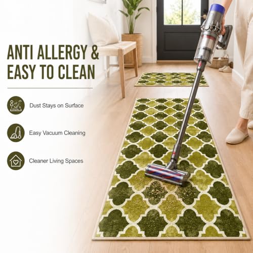 Image of Matz&More Anti Slip Kitchen Runner & Doormat Combo (50x120cm + 40x60cm), Nylon Tufted Floor Mat with Rubber Backing, Carpet for Bedroom, Bathroom, Entrance & Bedside, Trellis Two Toned Olive