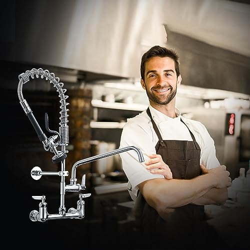Image of Fapully Commercial Kitchen Faucet,Wall Mount Kitchen Sink Faucet with Pre-Rinse Pull Down Sprayer,25'' Height 8'' Center 3 Compartment Sink Faucets with 12.2'' Swing Spout Chrome