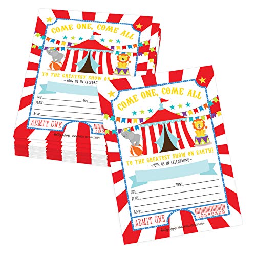 Image of Hadley Designs Kids Birthday Invitations For Boys Carnival Theme - 25 Circus Birthday Party Invitations For Boys, Carnival Invites For Boy, Cute Circus Party Supplies, Made In USA