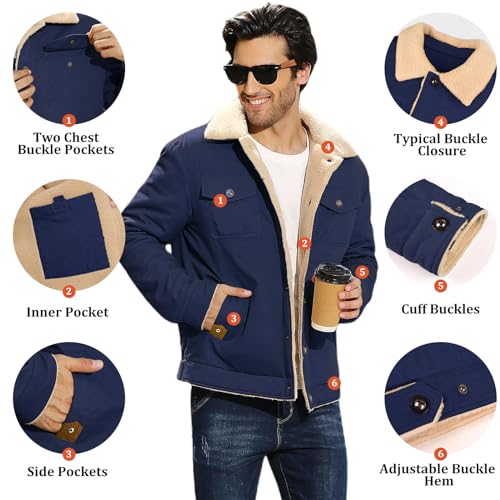 Image of Mens Winter Jacket Thick Thermal Cotton Warm Fleece Lined Sherpa Jacket Trucker Lapel Work Cargo Jackets Coat Outerwear