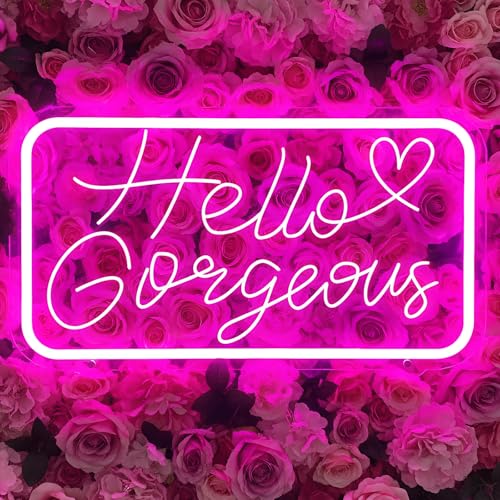 Hello Gorgeous Neon Sign Pink LED Desk & Wall Decor Sign with Stand Dimmable Neon Light for Bedroom Makeup Room & Party Decor Gift for Girls Teens 16 x 9 Inch