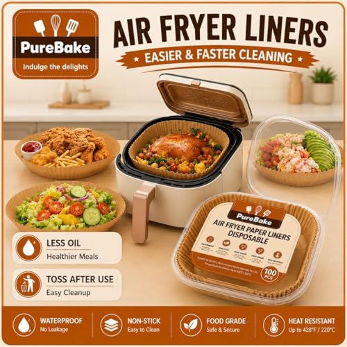 Image of PureBake 100 Pcs Air Fryer Paper Sheets, Disposable Paper Liner, Parchment Paper for Airfryer & Microwave, Oil Proof for Frying, Baking, Cooking, Roasting (Square, 8 Inch, with Oil Brush)