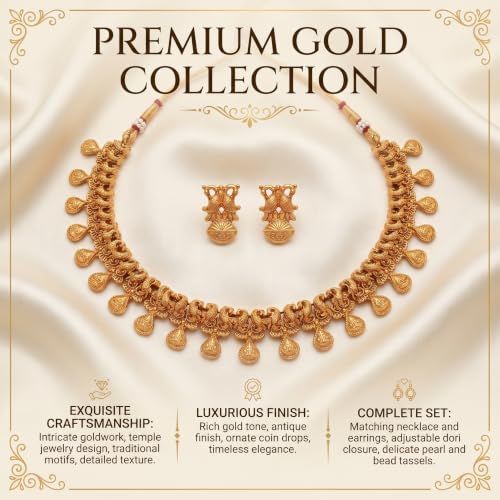 Image of Gold-Plated Antique Temple Jewellery Set for Women - Traditional Necklace with Large Peacock Pendant & Matching Jhumka Earrings | Ethnic Festive & Bridal Wear Set with Ruby & Emerald Accents