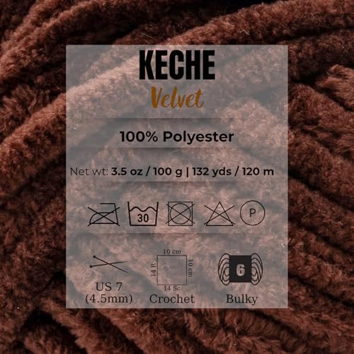 Image of Keche Velvet Yarn for Crocheting, Soft Chenille Bulky Baby Blanket Amigurumi Yarn 100 gr (132 yds) (Brown, 5 SKEINS)