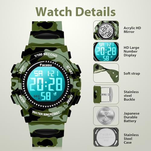 Image of Kids Watch Digital for Boys-Waterproof Kids Sports Watch with Light, Alarm&Snooze,Stopwatch Military Design Silicone Band Gift for Birthdays,Christmas Outdoor Activities(8+ Years)