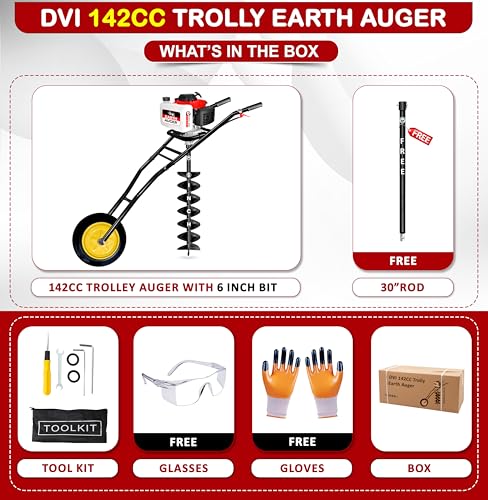 Image of DVI 142CC Trolley Earth Auger Machine, 4-Stroke Petrol Engine - with 6 Inch Double Spiral Planter Bits & Free Extension Rod | for Plantation, Fencing & Post Hole Digging in All Soil Types.