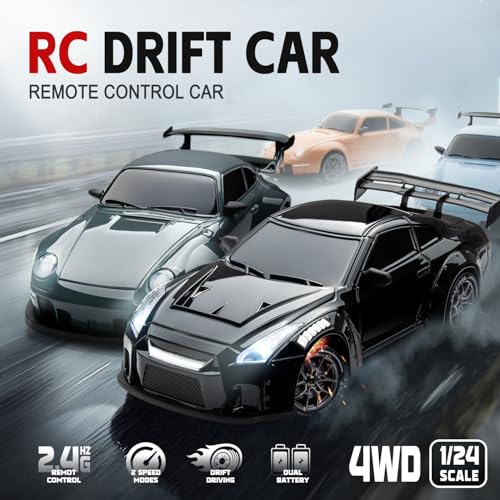 Image of RC Drift Car, Black 1 /24 Remote Control Drift Car for Adults Kids | 4WD 20KM /H High-Speed Widebody Design RC Sports Cars with LED Lights, Extra Tires, Vehicle for Boys Beginner Indoor Outdoor