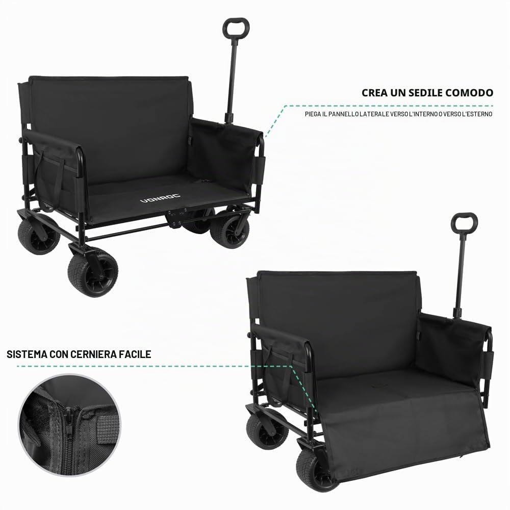 VONROC Carrello Pieghevole con Seduta 2-in-1 – Carrello da Giardino e Spiaggia – Portata 120kg – 115L – Ruote Anti-Foratura – Telaio in Acciaio – Richiudibile con Custodia – Nero