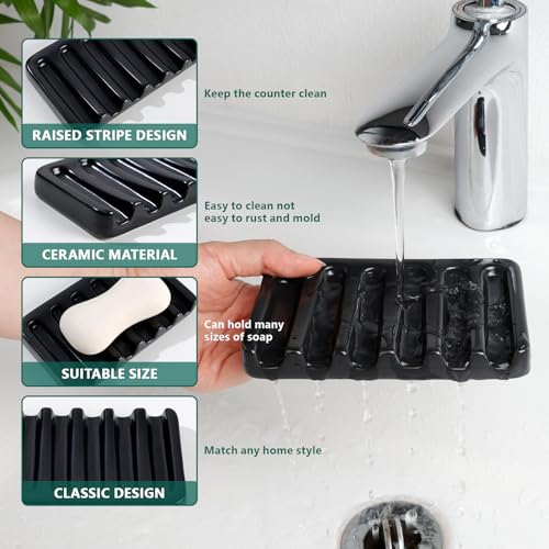Image of BosilunLife Striped Black Ceramic Bathroom Accessories Set of 4 | Bathroom Decor Sets Accessories Bathroom Lotion Soap Dispenser and Toothbrush Holder Set, Soap Dish, Apothecary Jars.(Liquid)
