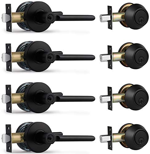 4 Pack Entry Door Lever and Single Cylinder Deadbolt Combination Set, Keyed Alike, Matte Black Entry Entrance Keyed Round Door Knobs Lockset with Deadbolt for Exterior/Front Door