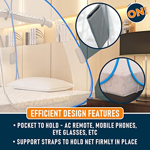 Image of Supreme On Single Bed Mosquito Net with Pocket for Mobile, Spectacles; 6.5 Feet x 4 Feet Premium Machardani, Strong and Durable, 30 GSM, Tent Type, Foldable, Corrosion Resistant (Blue, Single Bed) [200 cm x 130 cm x 140 cm]