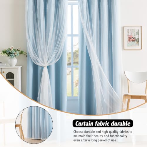 Image of Anytime Double Layer Blackout Curtains 2 Panels,35Wx95L,Sky Blue | Sheer And Fabric Window Drapes Grommet Top Solid Color Bedroom Living Room Home Decor