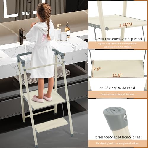 Elevon Step Stool, Metal Two Step Ladder Step Stool with Wide Pedal for Kitchen Counter Bathroom Sink, Grayish White