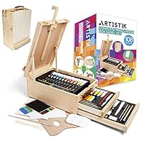 Artistik Complete Mixed Media Box Easel Art Set – 108-Piece Artist Paint Set with 2 Drawers – Wooden Desktop Easel Painting Kit for Drawing, Painting, and Sketching