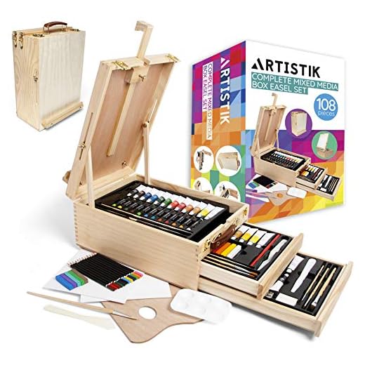 Caballete de mesa de madera para arte - 108 piezas Juego completo de caballete de caja de medios mixtos para artistas, caballete ajustable de madera de haya premium con 2 cajones y almacenamiento