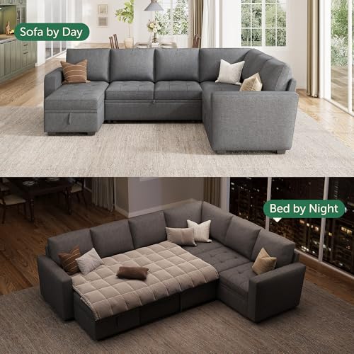 Image of HONBAY Modular Sectional Sleeper Sofa with Pull Out Bed, Convertible L Shaped Couch with Storage Seat, Sectional Couches for Living Room,Grey