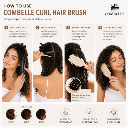 Image of Combelle 5-in-1 Curl Hair Brush | Vegan Boar Bristles | Bio-Based PLA Handle | Detangling, Defining & Frizz Control for Curly & Wavy Hair | For Men & Women - Beige