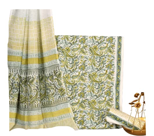 Image of NISHIRE Women's Cotton Jaipuri Hand Block Print Unstitched Suit Material with Cotton Mulmul Dupatta