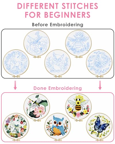 Image of TINDTOP 5 Sets Embroidery Kit for Beginners Adult, Embroidery Kit for Beginners Include Embroidery Cloth Hoops Threads for Craft Lover Hand Stitch with Embroidery Skill Techniques | Include Embroidery Cloth Hoops Threads for Craft Lover Hand Stitch with Embroidery Skill Techniques